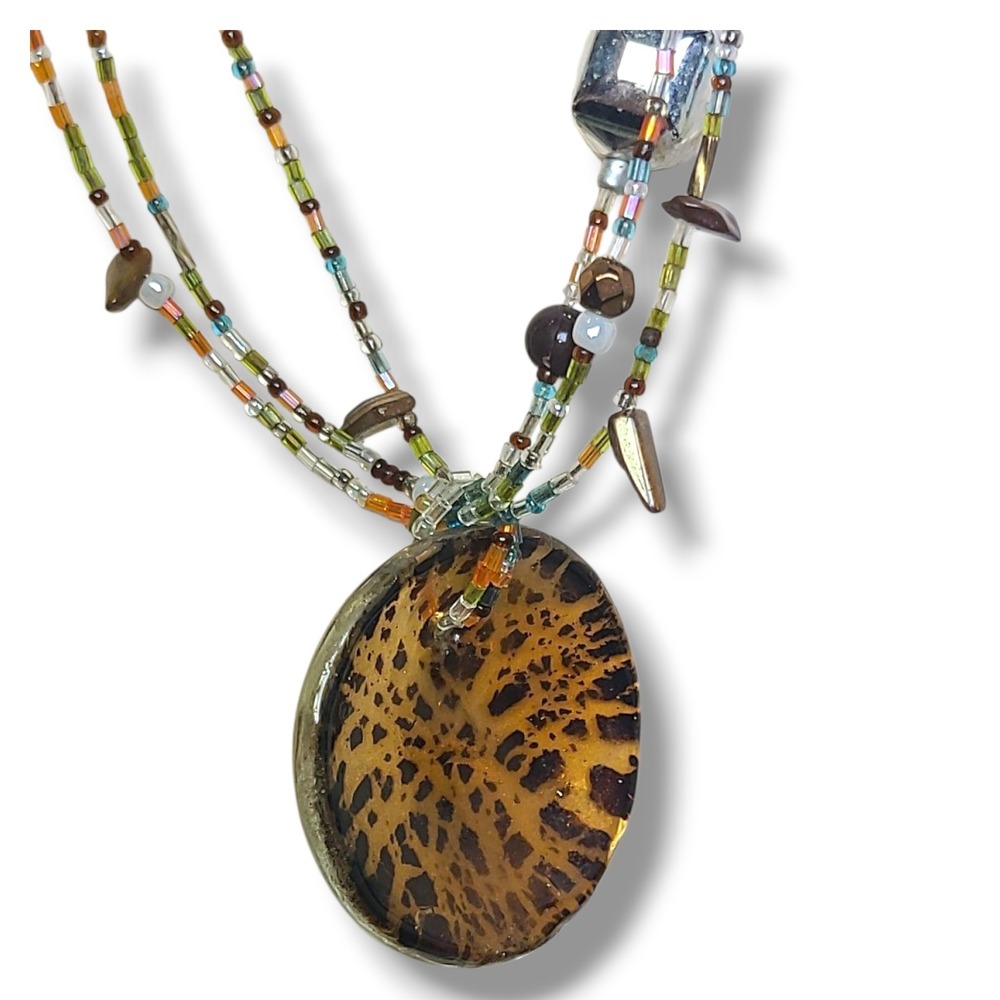 Vintage Multi-strand Beaded Necklace Large Round Art Glass Pendant Signed Cg - Picture 4 of 7